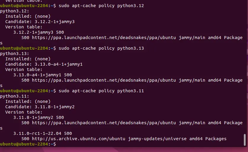 Установите Python 3.13, 3.12 или 3.11 на Ubuntu 24.04, 22.04 или 20.4 ...