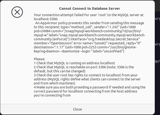 Попытка подключения пользователя root к серверу MySQL на localhost 3306 завершилась неудачей