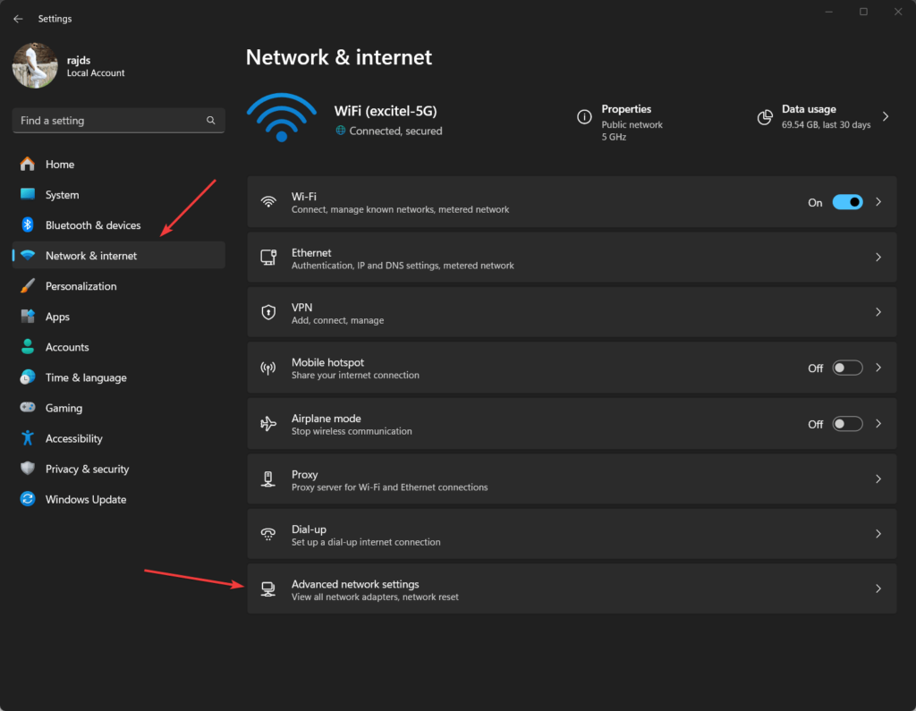 Откройте окно расширенных сетевых настроек