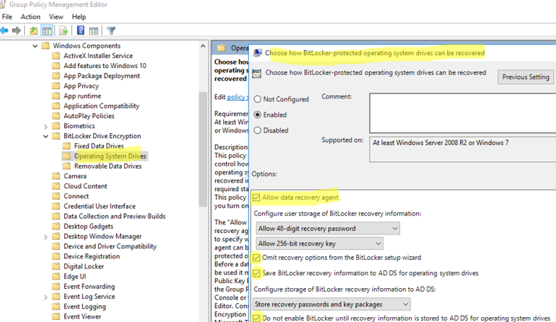 Групповая политика для сохранения ключей восстановления BitLocker в Active Directory