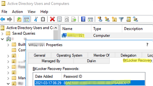 Просмотр пароля восстановления BitLocker в консоли ADUC