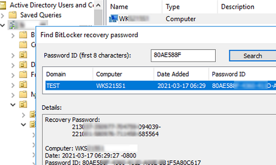 найти пароль восстановления BitLocker в Active Directory по идентификатору ключа