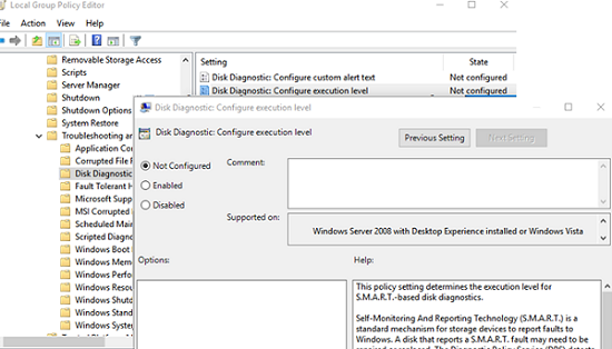 Включение оповещений о состоянии SMART диска в Windows с помощью GPO - Диагностика диска: Настройка уровня выполнения