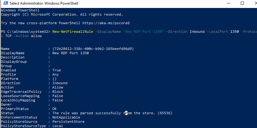 New-NetFirewallRule - разрешить входящие новые соединения через порт rdp