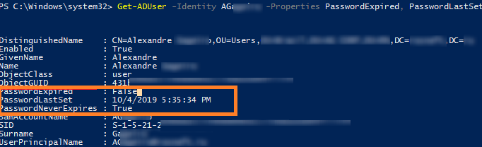 get-aduser - свойства PasswordExpired, PasswordLastSet, PasswordNeverExpires, lastlogontimestamp