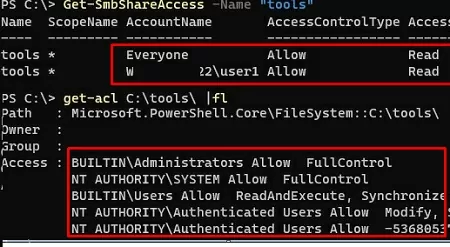 powershell: проверка общей папки и разрешений ntfs