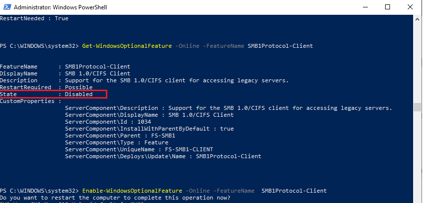 Get-WindowsOptionalFeature - получить состояние SMB1Protocol-Client