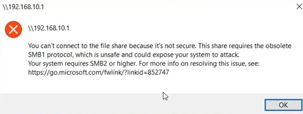 Ошибка Windows 10: Для этого ресурса требуется устаревший протокол SMB1, который небезопасен и может подвергнуть вашу систему атаке. Для вашей системы требуется протокол SMB2 или выше