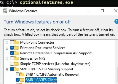 windows 11 включить клиентский протокол smb1 cifs с помощью функций