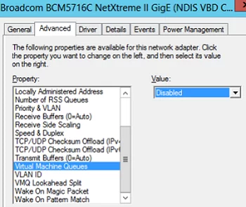 отключение VMQ (Virtual Machine Queue) в настройках драйвера сетевой карты