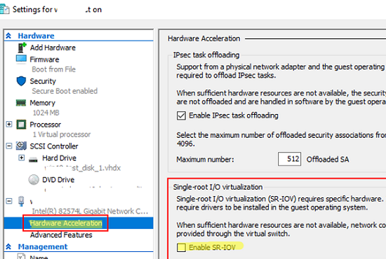 включить SR-IOV для виртуальной машины Hyper-V в настройках аппаратного ускорения