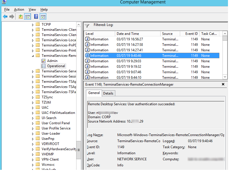 EventID 1149 - Службы удаленных рабочих столов: Аутентификация пользователя прошла успешно