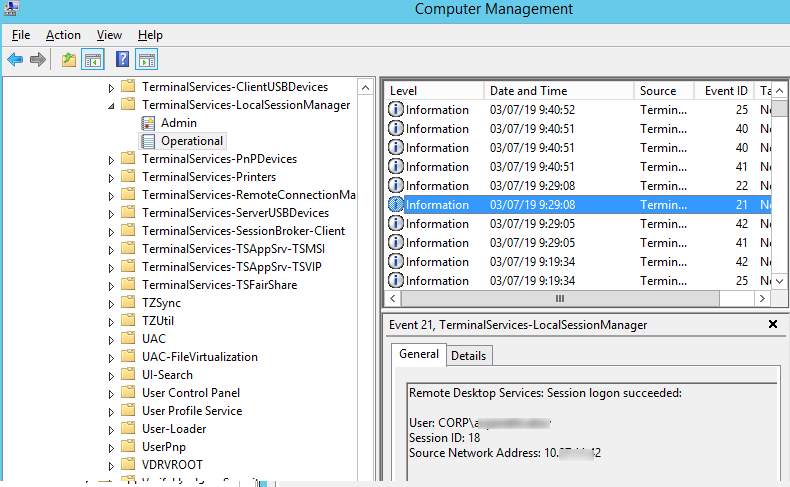 EventID 21 - Службы удаленных рабочих столов: Вход в сеанс выполнен успешно