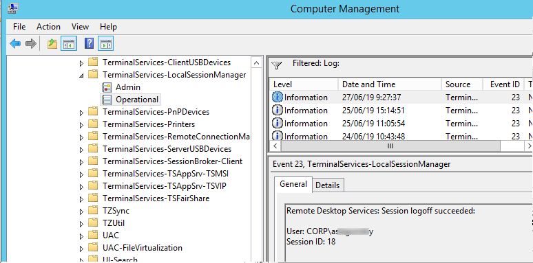 EventID 23 - Службы удаленных рабочих столов: Выход из сеанса завершен успешно