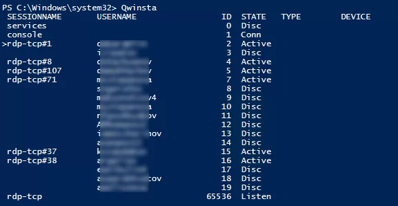 Qwinsta - список сеансов RDP и имен пользователей