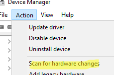 сканирование аппаратных изменений с помощью диспетчера устройств