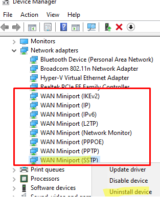 удалить адаптеры WAN Miniport в windows