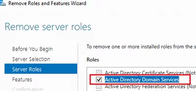 Удаление доменных служб Active Directory с помощью диспетчера сервера