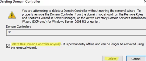 Все равно удалите этот контроллер домена. Он постоянно находится в автономном режиме и больше не может быть удален с помощью мастера удаления