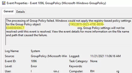 Идентификатор события 1096 - обработка групповой политики не удалась