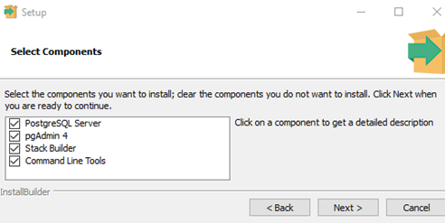 выберите компоненты postrgresql для установки