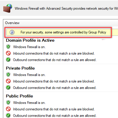 Для вашей безопасности некоторые параметры брандмауэра контролируются групповой политикой