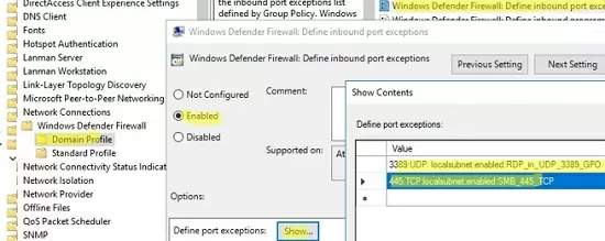 создать список правил брандмауэра для windows defender через gpo