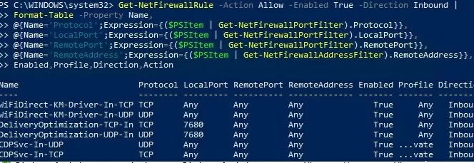 список входящих правил брандмауэра защитника с помощью powershell