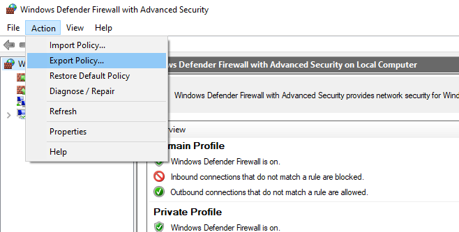 экспорт правил брандмауэра windows defender в файл wfw