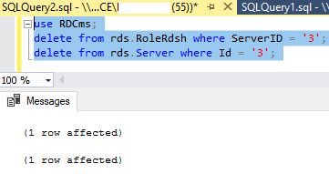 удаление сервера удаленного рабочего стола из базы данных RD с помощью T-sql