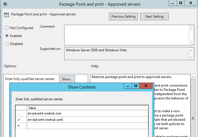 настройка политики: Точка и печать пакетов - Одобренный сервер 