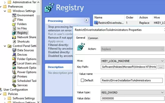 Элемент реестра RestrictDriverInstallationToAdministrators для обхода исправления PrintNightmare