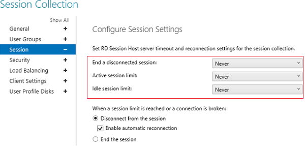 Тайм-ауты сервера RDS в свойствах коллекции сеансов на хосте сеанса RD 