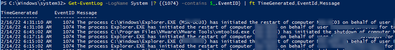 Поиск перезапуска Информационное событие 1074 с помощью PowerShell 