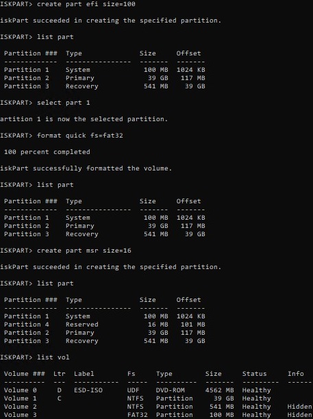 diskpart: create efi partition