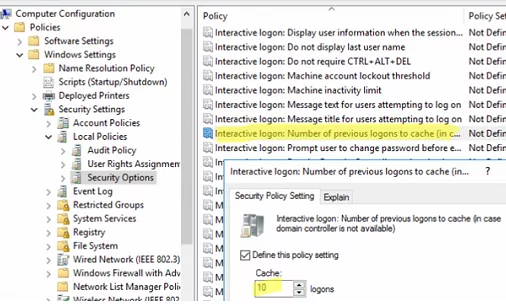 Опция групповой политики: Интерактивный вход в систему: Количество предыдущих входов в систему для кэширования (в случае, если контроллер домена недоступен 