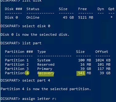 diskpart назначить букву диска раздел восстановления