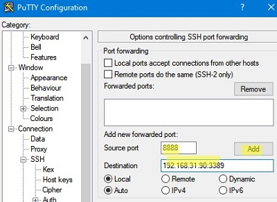 создать переадресованный порт ssh-туннеля в putty