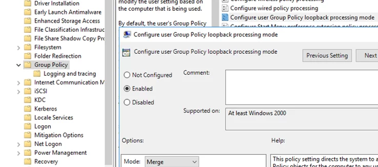 включить политику : Настройка режима обработки обратной связи групповой политики пользователя