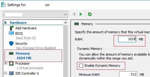 hyper-v vm: увеличение выделенной памяти и отключение динамической оперативной памяти