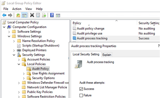 Включение политики отслеживания процессов аудита в Windows