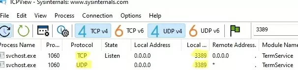 tcpview: показывает порт rdp по умолчанию 3389 для протоколов udp и tcp