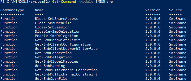 Модуль SMBShare PowerShell позволяет управлять общей папкой в Windows