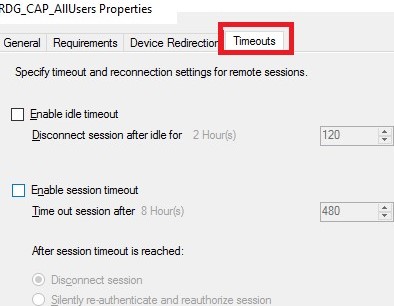 шлюз удаленного рабочего стола: настройки таймаута сеанса