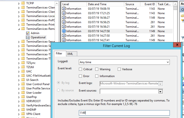 журнал событий windows фильтрация Terminal-Services-RemoteConnectionManager