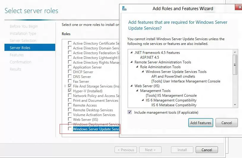 установить роль wsus на windows 2012 server