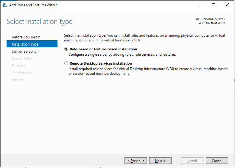 Выберите тип установки IIS на Windows Server