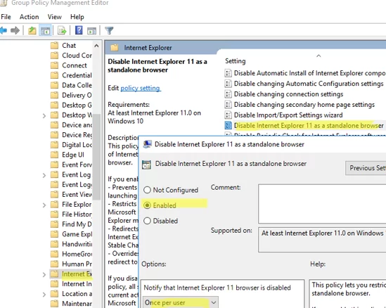 Отключение Internet Explorer 11 в качестве отдельного браузера с помощью GPO