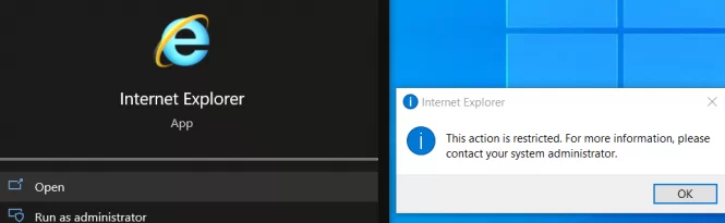 Невозможно запустить IE11 в Windows: действие ограничено