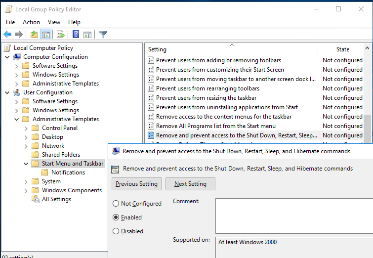 Групповая политика: Удаление и предотвращение доступа к командам Shut Down, Restart, Sleep и Hibernate - удаление параметров в меню 